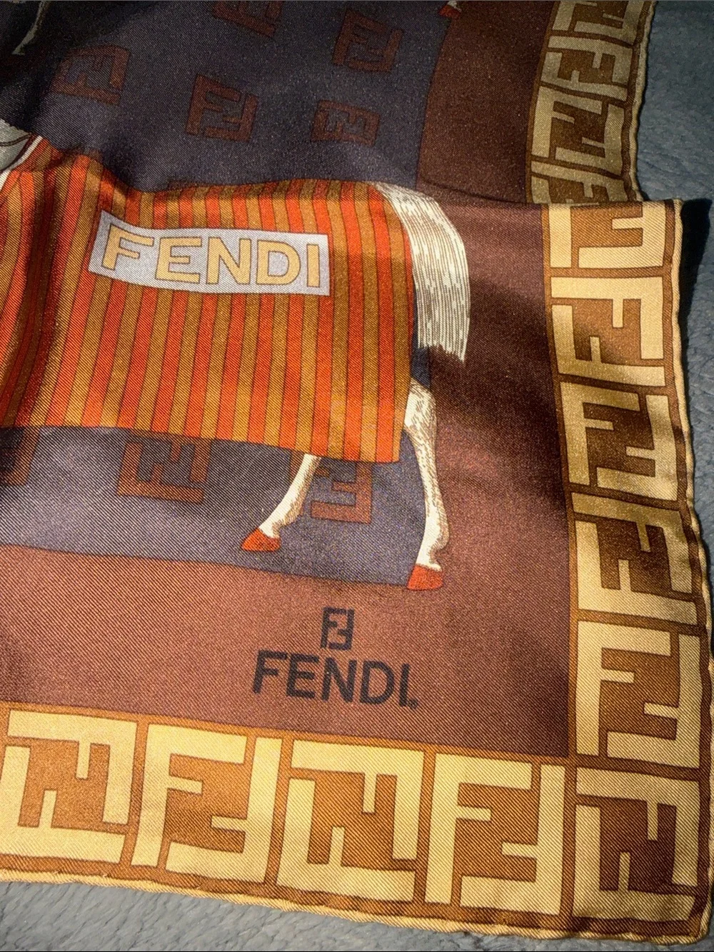 Preloved Fendi Brown & Tan Equestrian Print Silk Scarf excellent condition 33x33